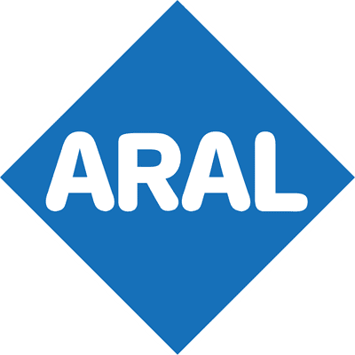 Logo des Mineralölunternehmens Aral: blaues, auf der Spitze stehendes Quadrat mit weißem Schriftzug Aral.