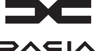 Logo der Automarke Dacia: silbernes, hufeisenförmiges Emblem mit mittig platziertem Schriftzug Dacia.