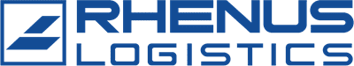 Logo des Logistikunternehmens Rhenus: blauer Schriftzug Rhenus in Großbuchstaben, ergänzt durch einen stilisierten blauen Pfeil.