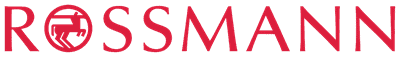 Logo der Drogeriemarktkette Rossmann: rotes Schriftband mit weißem Schriftzug Rossmann und rotem stilisierten Herren-Symbol in einem Kreis.