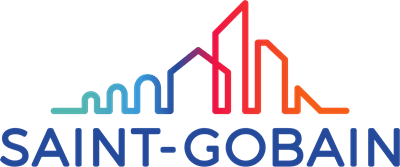 Logo des Baustoff- und Glasunternehmens Saint-Gobain: blauer Schriftzug Saint-Gobain mit darüber angeordneten stilisierten bunten Dächern als Symbol.