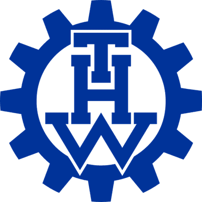 Logo des Technischen Hilfswerks (THW): blaues Zahnrad mit weißem Kreuz, daneben der blaue Schriftzug THW.