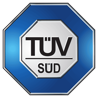 Logo des TÜV: blau-weißes sechseckiges Emblem mit der Aufschrift TÜV.